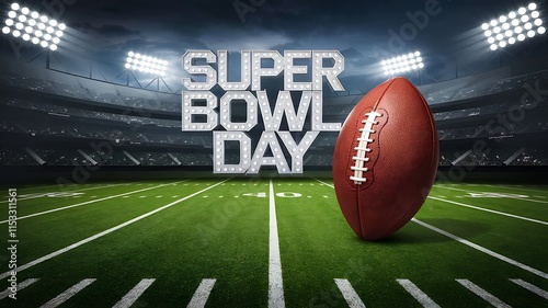 A banner with text super bowl day football stadium filled with fans