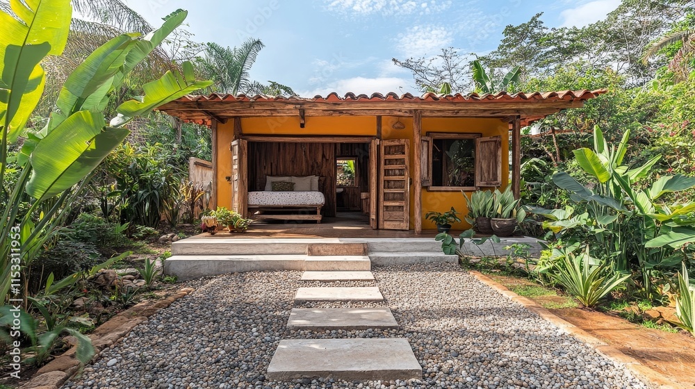 A modern Mediterranean style Airbnb cabin located in Guanacaste, Costa Rica, made of wood and concrete materials, surrounded by tropical plants, providing a peaceful and natural vacation experience. A modern Mediterranean style Airbnb cabin located in Guanacaste, Costa Rica, made of wood and concrete materials, surrounded by tropical plants, providing a peaceful and natural vacation experience.