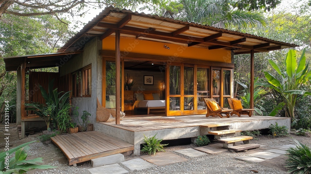 A modern Mediterranean style Airbnb cabin located in Guanacaste, Costa Rica, made of wood and concrete materials, surrounded by tropical plants, providing a peaceful and natural vacation experience. A modern Mediterranean style Airbnb cabin located in Guanacaste, Costa Rica, made of wood and concrete materials, surrounded by tropical plants, providing a peaceful and natural vacation experience.