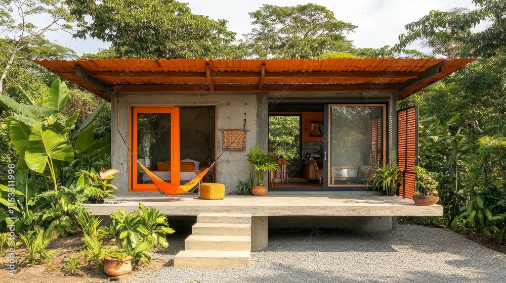 A modern Mediterranean style Airbnb cabin located in Guanacaste, Costa Rica, made of wood and concrete materials, surrounded by tropical plants, providing a peaceful and natural vacation experience. A modern Mediterranean style Airbnb cabin located in Guanacaste, Costa Rica, made of wood and concrete materials, surrounded by tropical plants, providing a peaceful and natural vacation experience.