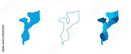 Mozambique set of three maps - solid map, outline map and map highlighting administrative divisions. Three distinct maps illustrate various representations of a geographical area.