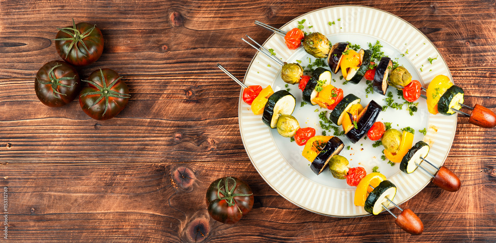 Grilled skewers vegetables on plate. Grilled skewers vegetables on plate.