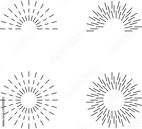 Vintage sunburst. Bursting rays sunrise firework starburst blast burst sunset star hand drawn collection. Radial sunset beams light ray radiant spark. Retro radiant sunburst. Trendy Vector badge set.