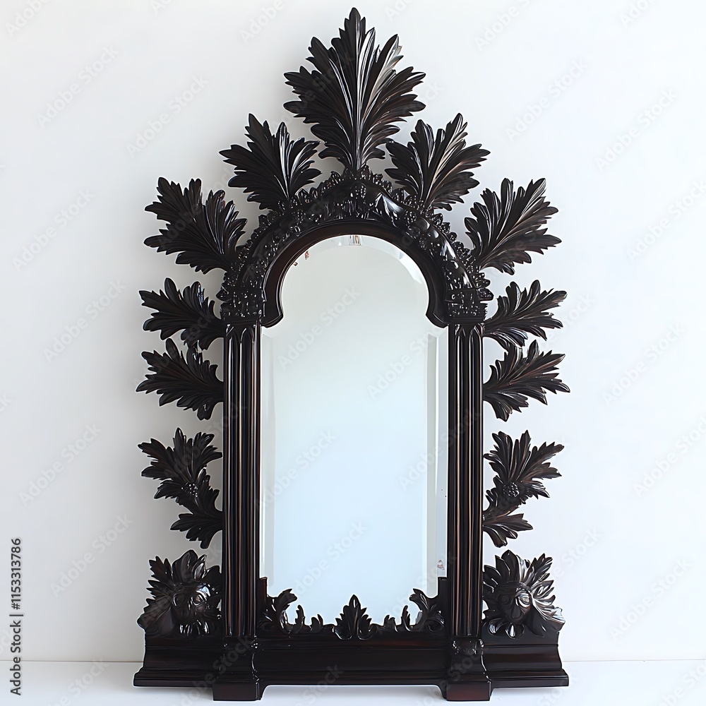 Fototapeta premium Ornate Dark Wood Mirror with Intricate Leaf Carvings