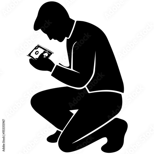 Man on Knees with Money Silhouette – Ideal for Visual Storytelling