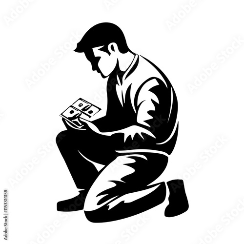 Man on Knees with Money Silhouette – Ideal for Visual Storytelling