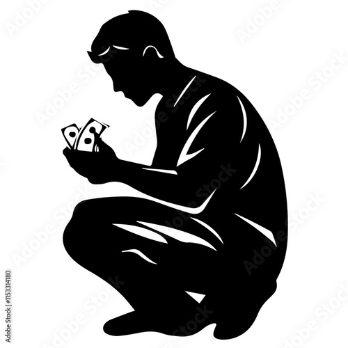 Man on Knees with Money Silhouette – Ideal for Visual Storytelling