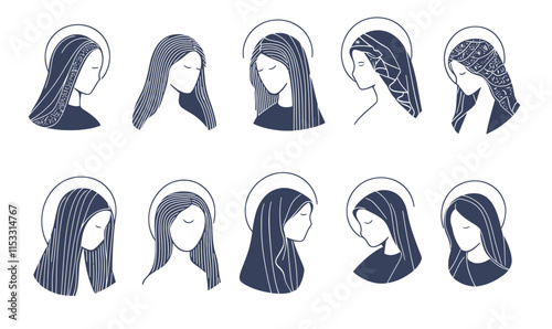Minimalist Virgin Mary Icons Set Vector Illustration for Religious Designs