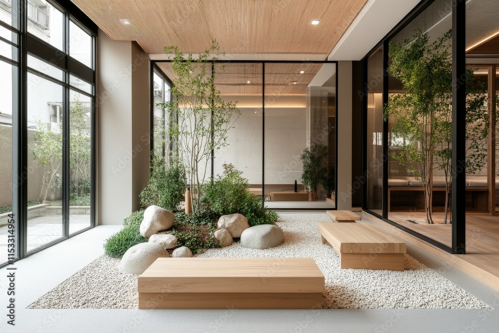 Fototapeta premium A serene indoor space featuring wooden benches, greenery, and pebbles, creating a tranquil, minimalist atmosphere.