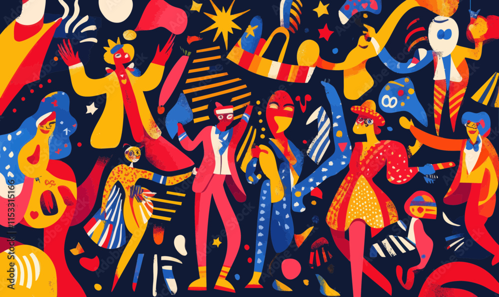 Obraz premium Vibrant Carnival Celebration with Cheerful Characters in Patchwork Style Vector