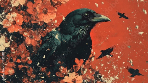 Grunge rock show poster featuring melancholic lyrics, broken glass, flowers, and crows in a dark and gritty design, perfect for a heavy rock music event with intense atmosphere. photo