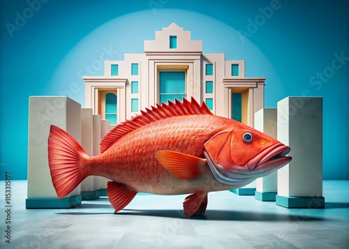 Retro Colorful Red Grouper Fish on White Background - Visit Us! Architectural Photography photo