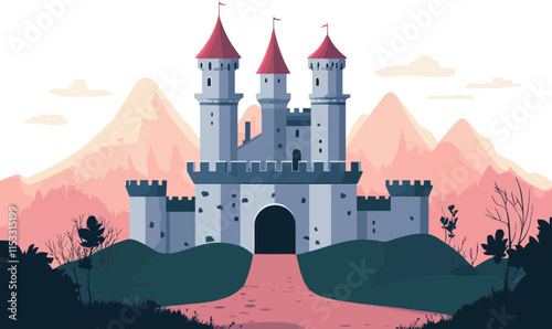 Minimalistic Vector Castle Illustration with Pink Mountains in Background