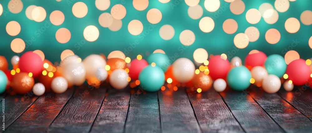 Obraz premium Festive Christmas Ornaments on Dark Wooden Table with Bokeh Lights