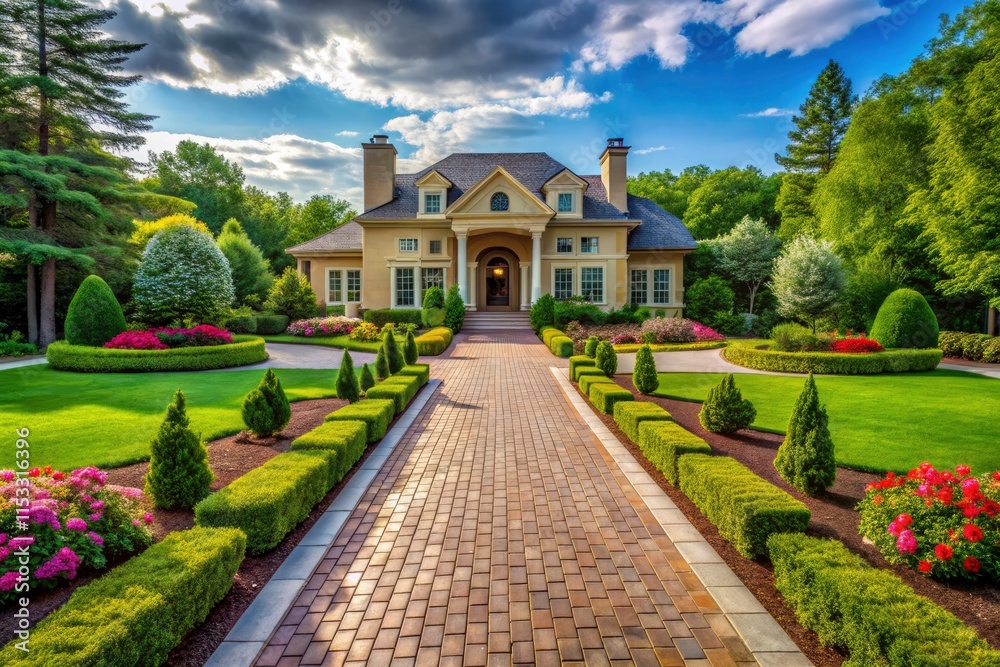Naklejka premium Stately home entrance revitalized: contemporary landscaping, modern driveway design, and a stylish paver walkway.