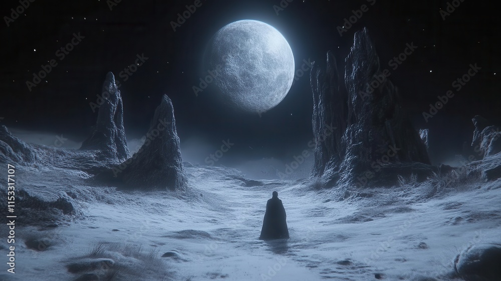 Lone figure in a cold, alien landscape under a large moon. Lone figure in a cold, alien landscape under a large moon.