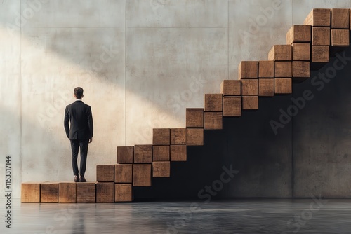 A solitary figure stands before a staircase made of wooden blocks, symbolizing ambition and the journey toward success in a minimalistic space. photo