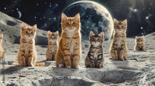 Many cats standing on the moon, facing forward. Earth in the background. photo