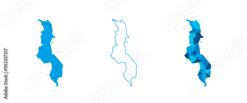 Malawi set of three maps - solid map, outline map and map highlighting administrative divisions. Three distinct maps illustrate various representations of a geographical area.