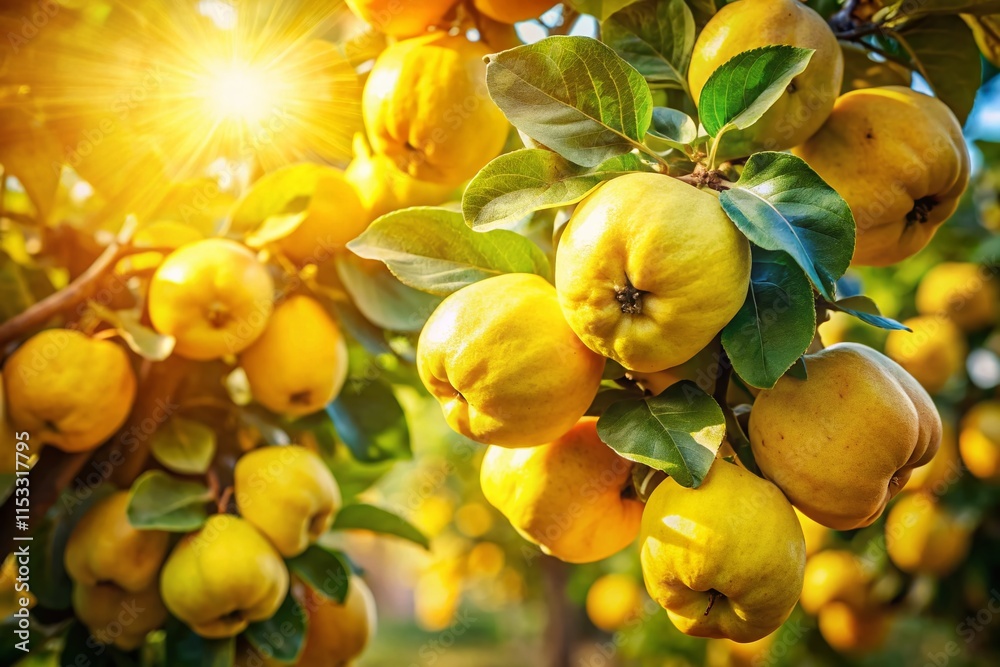 Fototapeta premium Ripe Yellow Quinces on Tree Branch, Sunny Garden, Rosaceae Fruit, Cydonia oblonga