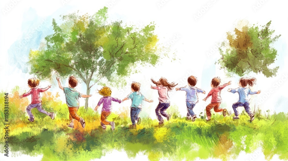 Obraz premium A lively sketch of kids having fun outdoors, capturing the carefree spirit of childhood and ideal for playful or educational themes.