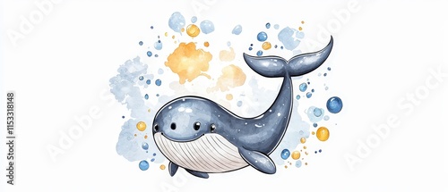 Adorable Watercolor Whale Illustration  Cute Marine Animal  Ocean Life  Baby Shower  Kids photo