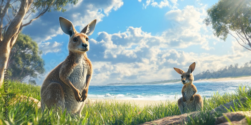 Coastal Kangaroo Companions: A mother and joey kangaroo survey their coastal surroundings photo