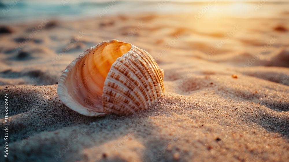 Close Up of Seashell on Beach Under Golden Hour Sun Close Up of Seashell on Beach Under Golden Hour Sun