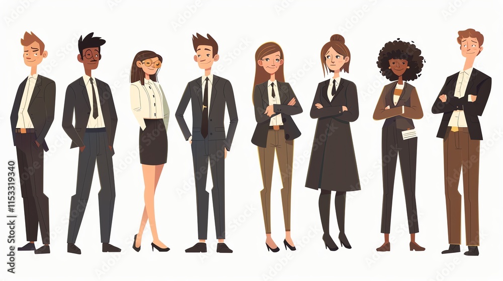 A group of eight business people in formal attire. A group of eight business people in formal attire.