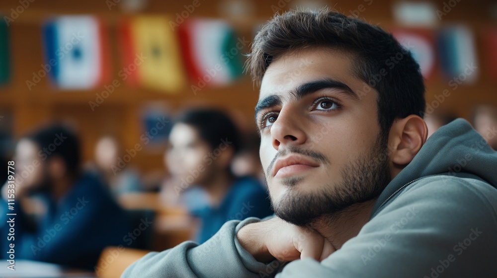 Fototapeta premium Student deep in thought during a classroom lecture.