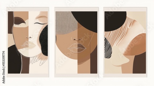 Abstract Triptych of Feminine Faces and Organic Forms in Earthy Tones