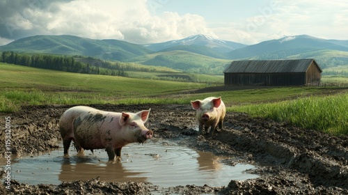 A peaceful rural pig farm with content pigs wallowing in a mud bath, set against a serene countryside backdrop of rolling hills. photo