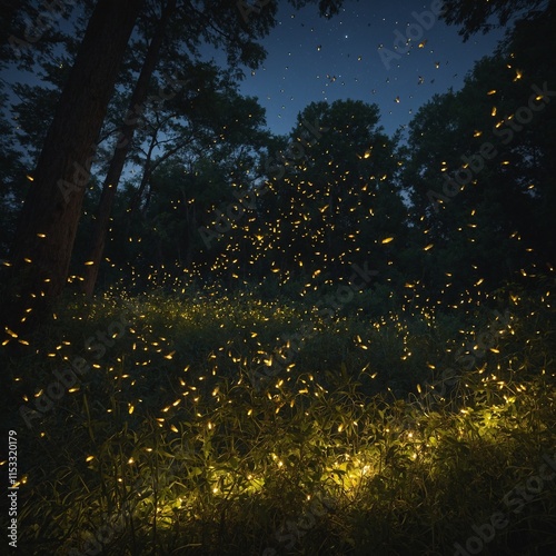 A swarm of fireflies lighting up a dusky summer evening.