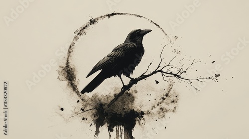 Minimalist raven icon perched on a branch, encircled by flowing bronze ink, showcasing clean lines and elegant simplicity in this abstract design, symbolizing mystery, nature, and solitude.