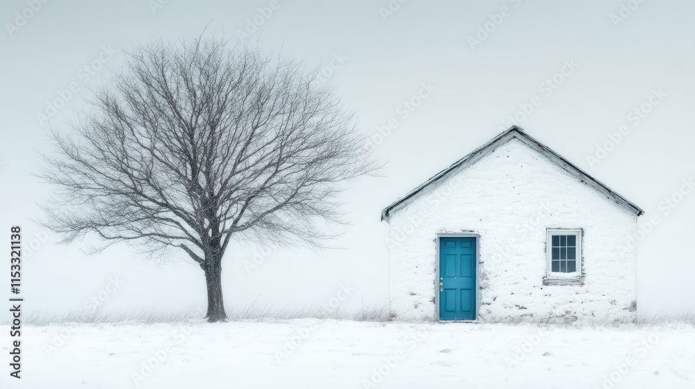 A serene and artistic winter scene with a blue door, whitewashed house, and a bare tree in the snow, creating a peaceful fine art photograph. A serene and artistic winter scene with a blue door, whitewashed house, and a bare tree in the snow, creating a peaceful fine art photograph.