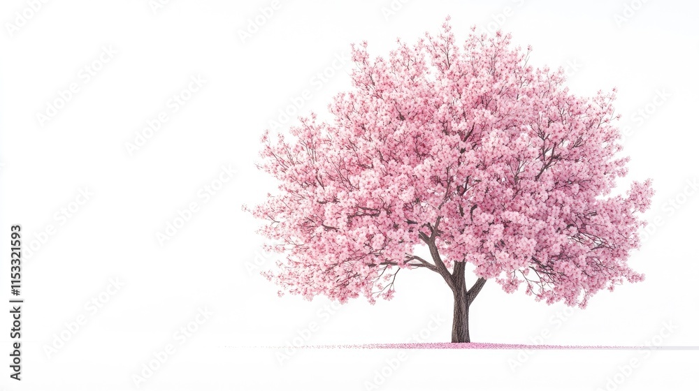 A single sakura tree, covered in soft pink blossoms, isolated on a white background, representing the beauty of cherry blossoms. A single sakura tree, covered in soft pink blossoms, isolated on a white background, representing the beauty of cherry blossoms.