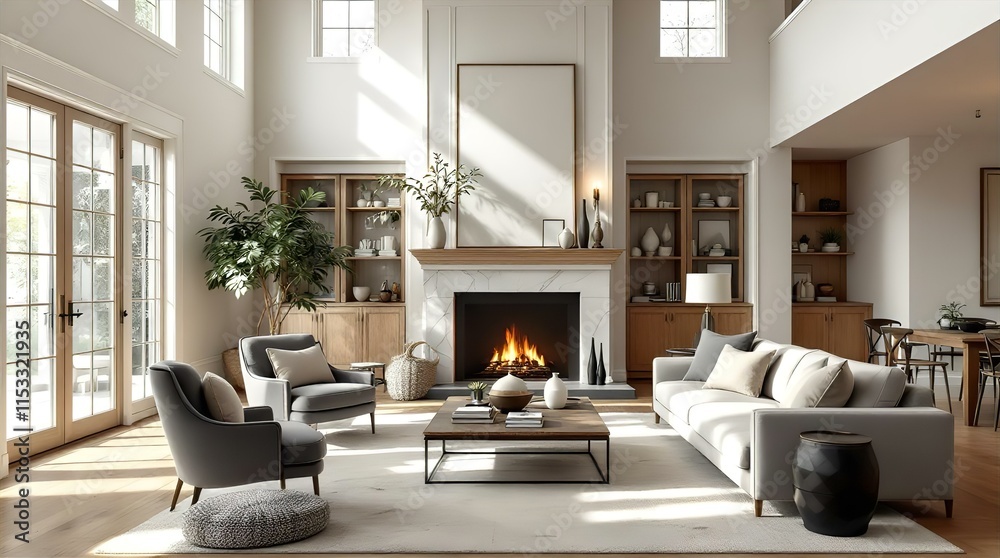 Fototapeta premium Sunlit Modern Living Room with Fireplace, Comfortable Seating, and Elegant Decor