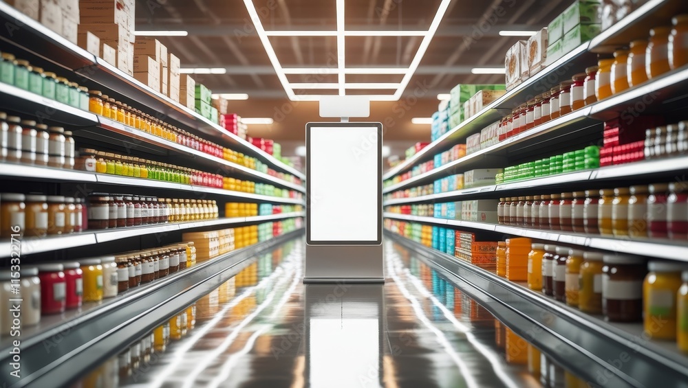 A blank advertisement board in a colorful beverage aisle of a grocery store A blank advertisement board in a colorful beverage aisle of a grocery store