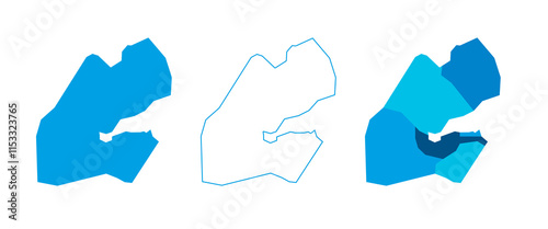 Djibouti set of three maps - solid map, outline map and map highlighting administrative divisions. Three distinct maps illustrate various representations of a geographical area.