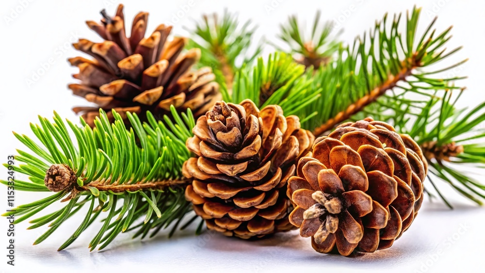 Rustic Pine Cones and Branch on White Background - Autumnal Nature Stock Photo Rustic Pine Cones and Branch on White Background - Autumnal Nature Stock Photo
