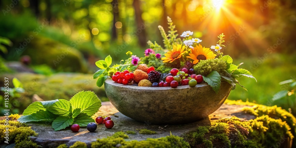 Rustic Stone Bowl with Wild Herbs and Berries, Nature Food Photography Rustic Stone Bowl with Wild Herbs and Berries, Nature Food Photography