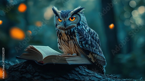 Wallpaper Mural A curious owl sitting on a book in a moonlight forest is a symbol of wisdom. Torontodigital.ca