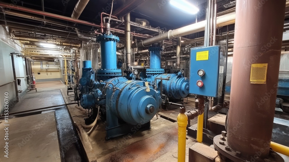 A wide-angle shot of an industrial boiler room with large blue pumps, metal pipes, and valves in a water treatment facility setting. A wide-angle shot of an industrial boiler room with large blue pumps, metal pipes, and valves in a water treatment facility setting.