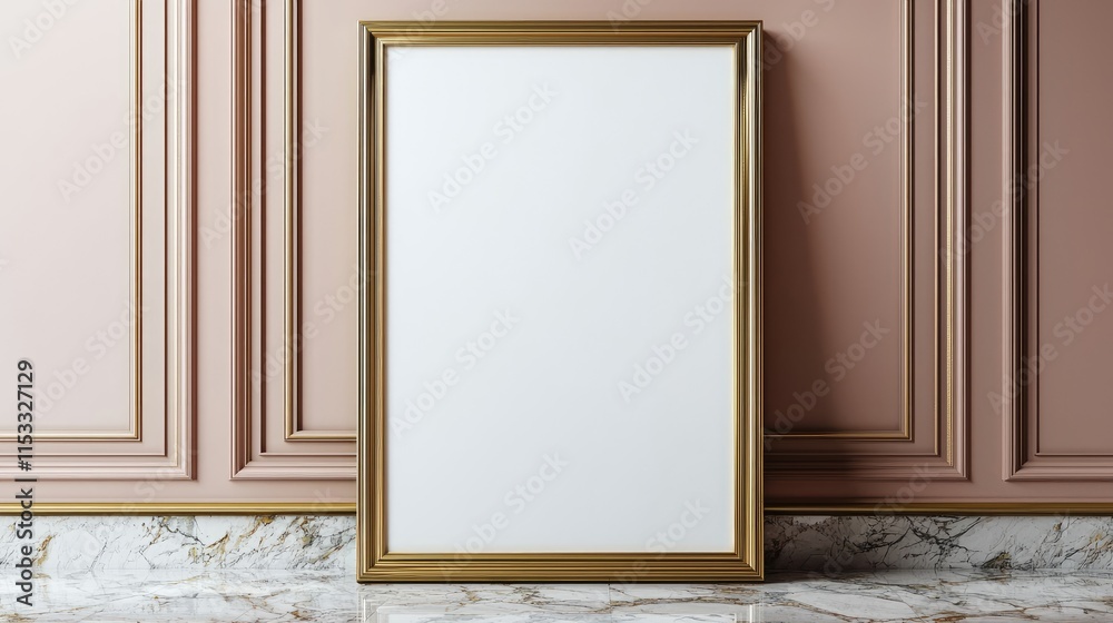 Fototapeta premium Elegant Blank Picture Frame on Marble Surface Against Ornate Pink Wall in Classic Interior Setting