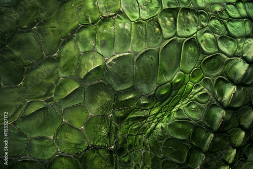 Close up view of reptile skin highlighting its unique texture and vibrant green color, creating a captivating natural pattern photo