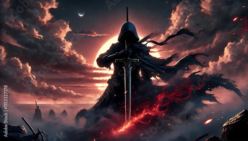 Anime guy with sword on black hole background