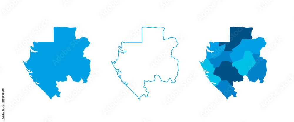 Obraz premium Gabon set of three maps - solid map, outline map and map highlighting administrative divisions. Three distinct maps illustrate various representations of a geographical area.