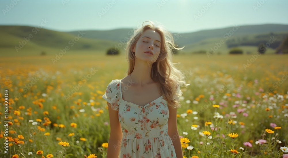 Blonde Woman Enjoying Sun in Flower Field on Summer Day with Eyes Closed Blonde Woman Enjoying Sun in Flower Field on Summer Day with Eyes Closed