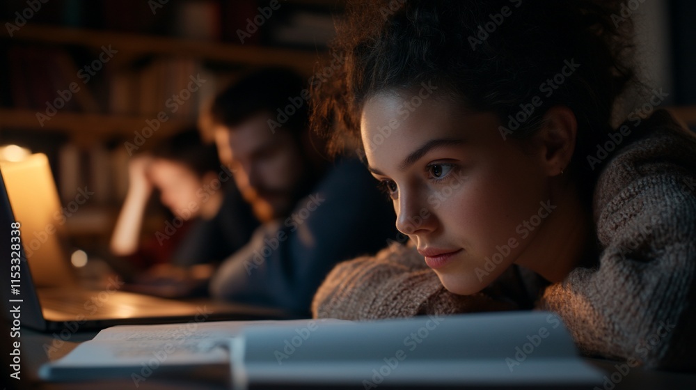 Students studying intently with laptops in a cozy setting. Students studying intently with laptops in a cozy setting.