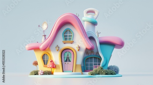 A 3D-rendered cartoon house with a unique shape, oversized doors, and cheerful color patterns, set against a clean white background